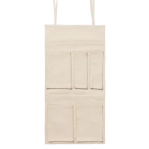 Canvas Travel Pockets in natural, hanging organiser with five pockets and ties