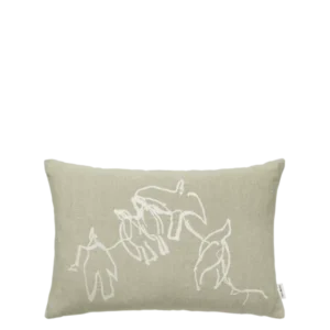 Vuelo Cushion Cover in elm green with white embroidered bird sketches