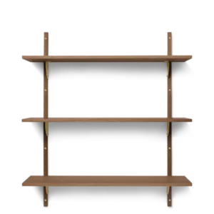 Sector Shelf triple wide in smoked oak with brass brackets, three wall-mounted shelves
