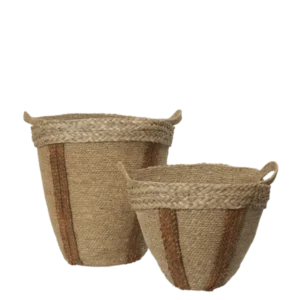 Mar Woven Baskets set of 2 in natural/red brown with braided rims and handles