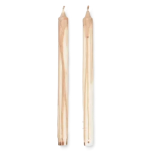 Dryp Candles in beige, set of 2 tapered candles with dripped wax down off-white bases