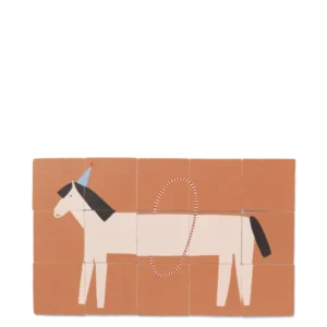 Two-Sided Puzzle assembled to show a horse in a party hat on a rust background