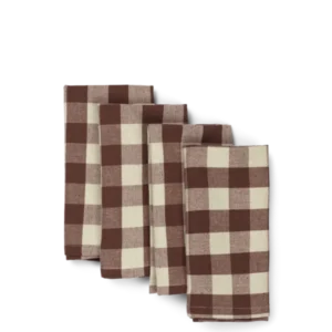 Bothy Check Napkins in cinnamon/grey green, set of four folded in a row