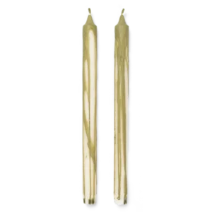 Dryp Candles in olive green, set of 2 tapers with dripped colour over off-white