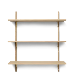 Sector Shelf triple wide in natural oak with brass brackets