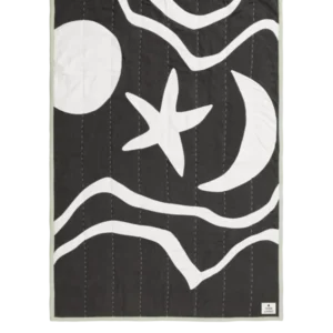 Kove Applique Quilted Blanket in charcoal/elm green with white sun, star and moon patches