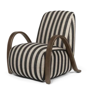 Buur Lounge Chair in Louisiana sand/black stripes with curved arms, seen at an angle