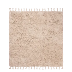 Amass Long Pile Rug in off-white, square with knotted fringes, seen from above