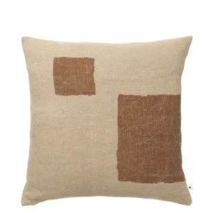 Oleo Cushion in natural with sugar kelp printed squares on washed linen