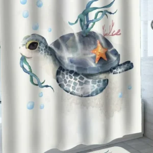 Adorable Turtle Shower Curtain with Starfish and Seaweed