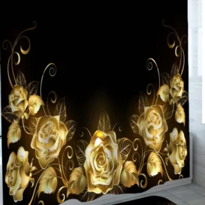 Black Background with Gold Roses Shower Curtains