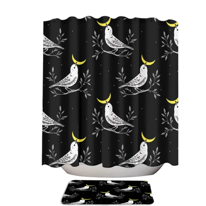 Black and White Moon Bird Pattern Shower Curtain