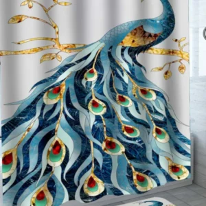 Blue Turquoise Peacock with Gold Feathers Shower Curtain
