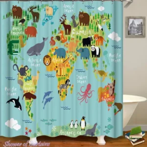 Cartoon Animals Introduce World Map Shower Curtain