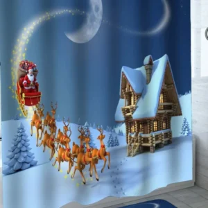Christmas Shower Curtain with Santa and His Reindeer Sleigh Landing