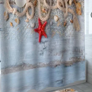 Coastal Shower Curtain with Deck Fishnet Pearl Shells and Red Starfish