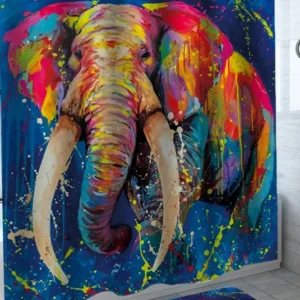 Colorful Shower Curtain and Bath Mat Paint Splashes Elephant