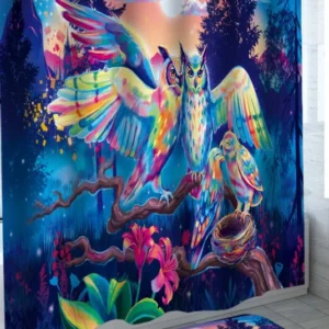 Colorful Shower Curtains Owls Couple and Chicks in the Forest