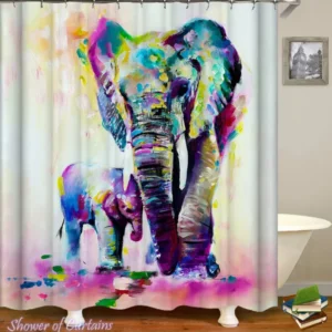 Colorful Art Shower Curtains of Elephant And Its Baby Art Painting
