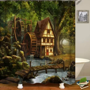 Country Shower Curtains with Old Wood Water Wheel Village House