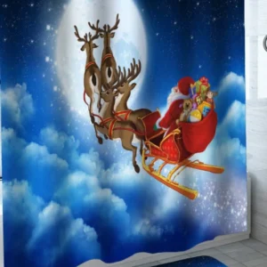 Cute Christmas Shower Curtains Santas Sleigh Flying to the Moon