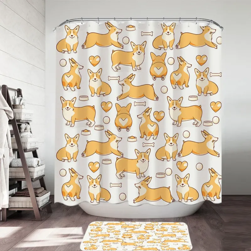 Cute Fabric Shower Curtains with Corgi Dog Heart and Bone Pattern