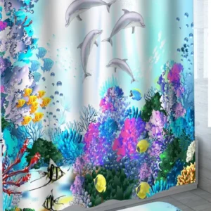 Cute Trendy Shower Curtains Pod of Dolphins Swimming in Colorful Reef