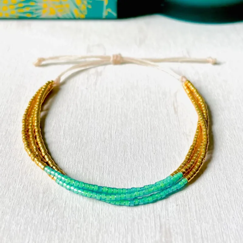 Damen Armband Triple 'Miyuki Perlen' aqua/gold