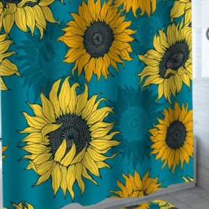 Fabric Shower Curtains of Sunflowers over Blue