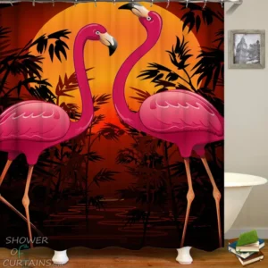 Flamingo Shower Curtain - Tropical Sunset Flamingos Shower Curtains