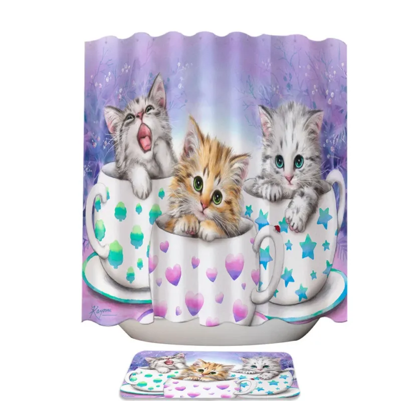 Funny Trendy Shower Curtain Cats Art Coffee Cups with Cute Kittens