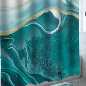 Golden Blue Ocean Abstract Marble Shower Curtain