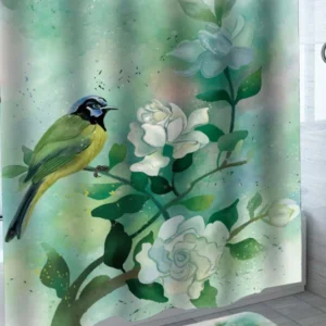 Green Art Painting Flowers and Hummingbird Shower Curtain