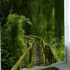 Green Thick Forest with Wooden Bridge Shower Curtain