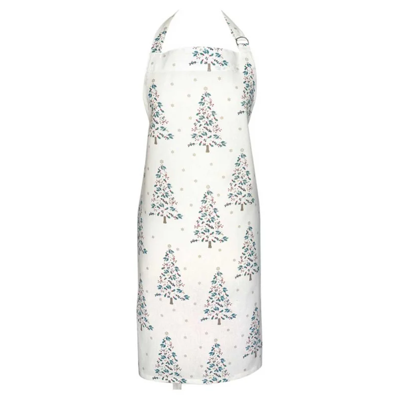 Weiße Schürze mit einem festlichen Weihnachtsbaummuster, mit mehreren gleichmäßig über den Stoff verteilten dekorierten Bäumen, GreenGate - Lucie Xmas Schürze weiß.