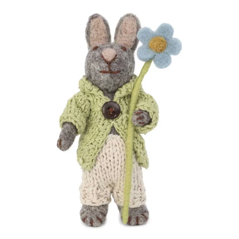 Gry & Sif - Grauer Hase Filz mit Jacke, Hose & blauer Anemone