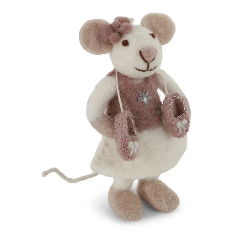 Gry & Sif - Kleine weiße Ballerina-Maus Filz mit Ballerinaschuhen & Schleife