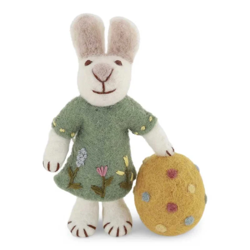 Gry & Sif - Weißer Hase Filz mit grünem Kleid & großem Ei
