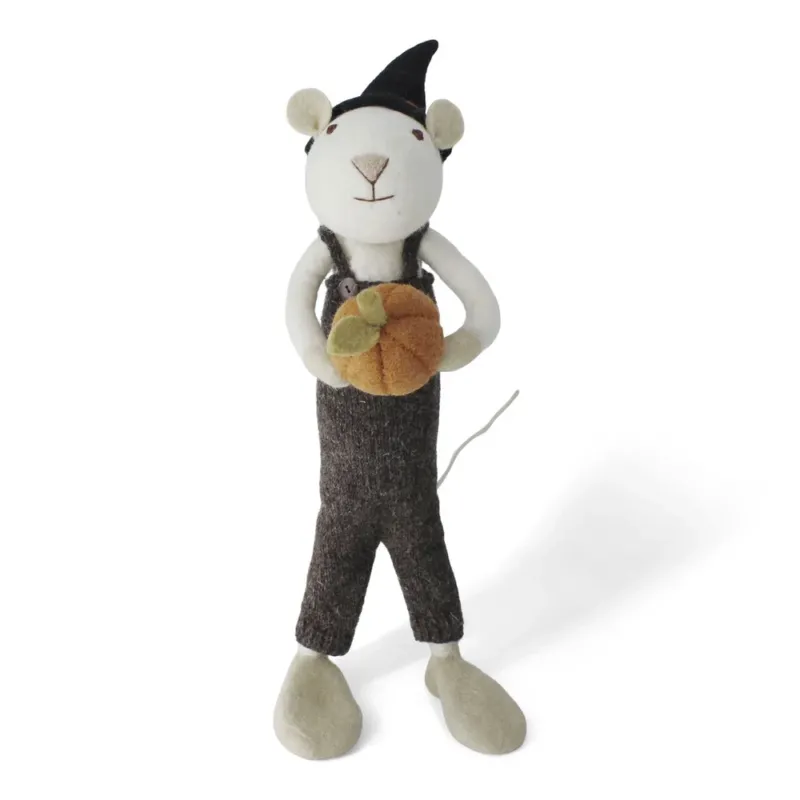 Gry & Sif - XL Weißer Jungen-Maus Filz mit Kürbis und brauner Hose