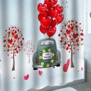 Heart Balloons and Trees Love Just Married Shower Curtain