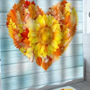 Heart Shape Fall Leaves and Sunflower Shower Curtain