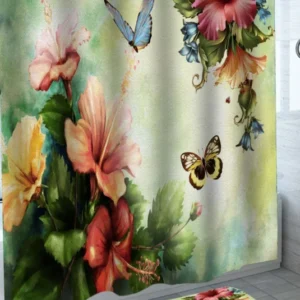Hibiscus Shower Curtain with Flowers and Butterflies