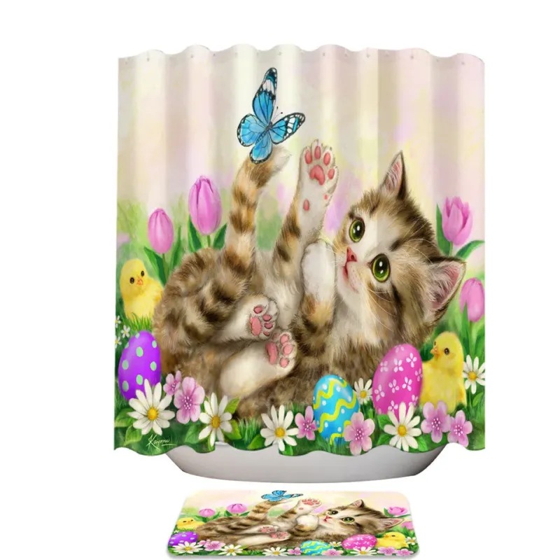 Holiday Shower Curtains Kitten and Chicks in the Easter Garden