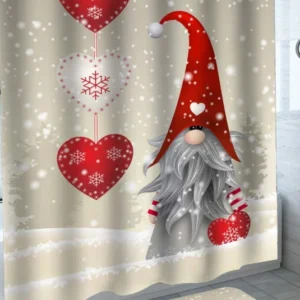 Holiday Shower Curtains White and Red Christmas Dwarf Gnome in the Snow Christmas Bathmat