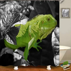 Iguana Shower Curtain Black White Photo with Green Lizard Iguana