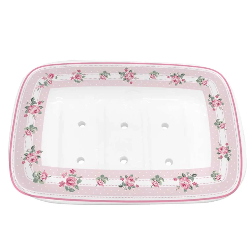 Isabelle Rose – Seifenhalter Keramik mit weißem Sockel und rosa Blumenrand sowie vier in der Mitte gleichmäßig verteilten Abflusslöchern.