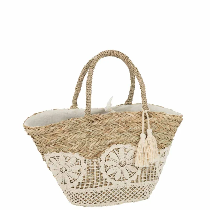 J-Line - Strandtasche mit Spitze Blumen und Quasten Jute Naturell Weiß