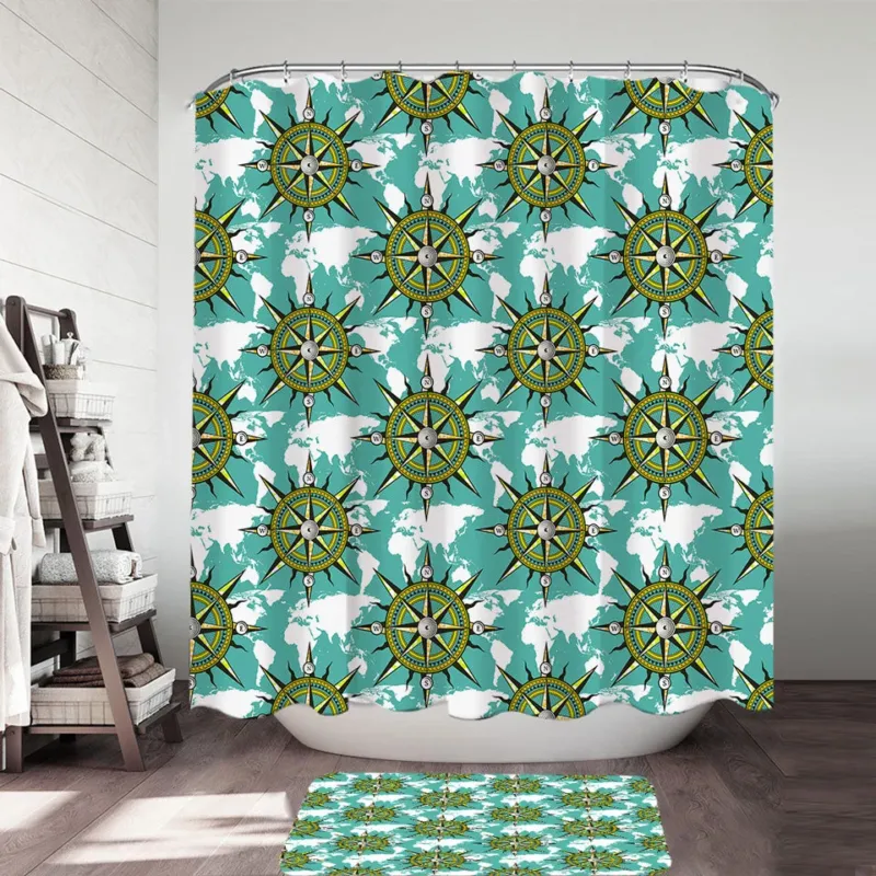 Nautical Shower Curtains A Pattern of World Map and Compass