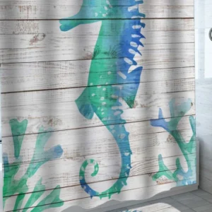 Ocean Theme Shower Curtain Painting on Wood Deck Ocean Seahorse Shower Curtain