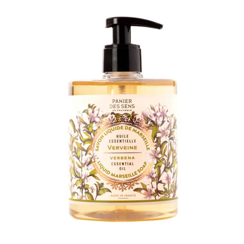 Panier des Sens - Marseiller Flüssige Handseife Eisenkraut (Verbene) 500 ml mit Blumenmuster, hergestellt in Frankreich.